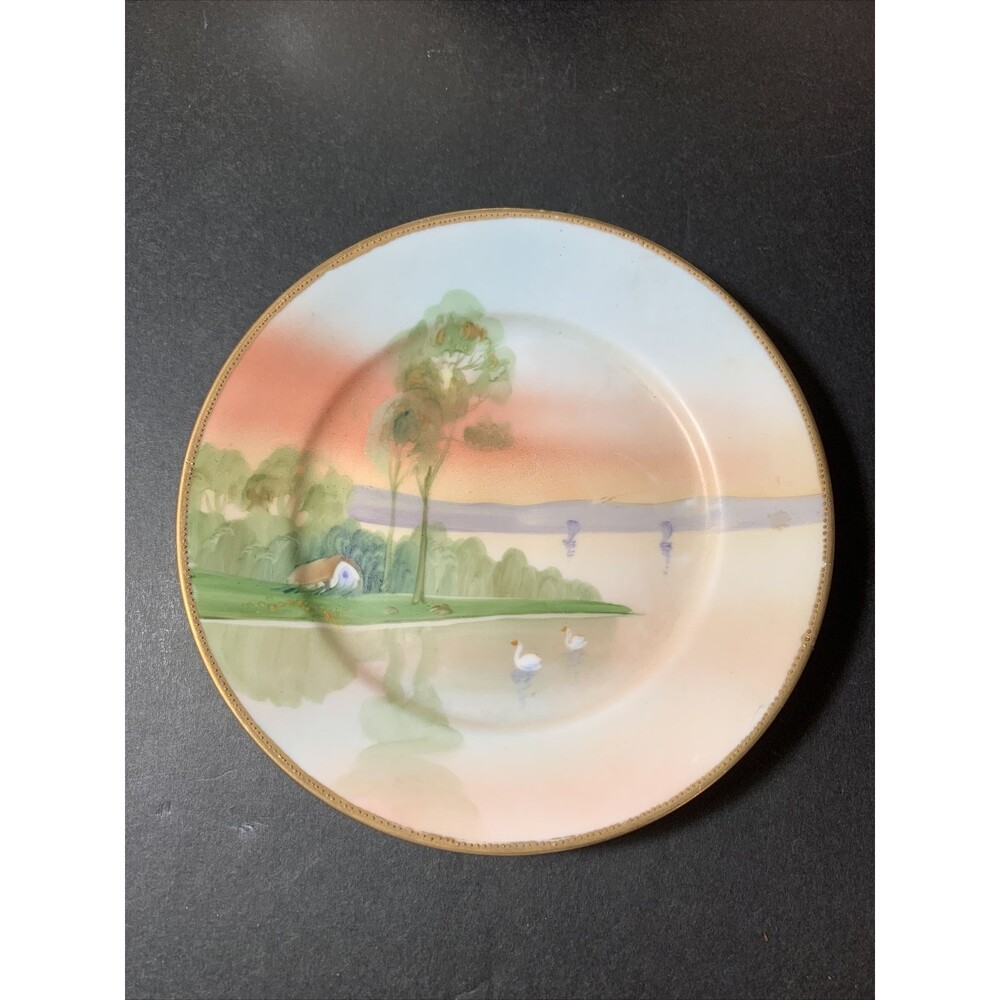 Lot Of 4 Hand Painted Nippon Morimura 7” Plates - Landscape Scene - Gold Rim
